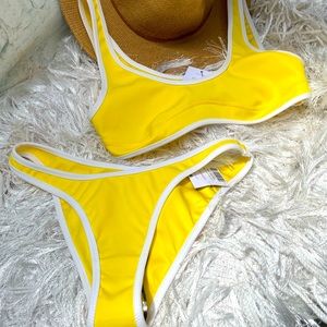 New Women’s Top Shop Yellow White Contrast Trim Crop 2 Piece Bikini Bathing Suit